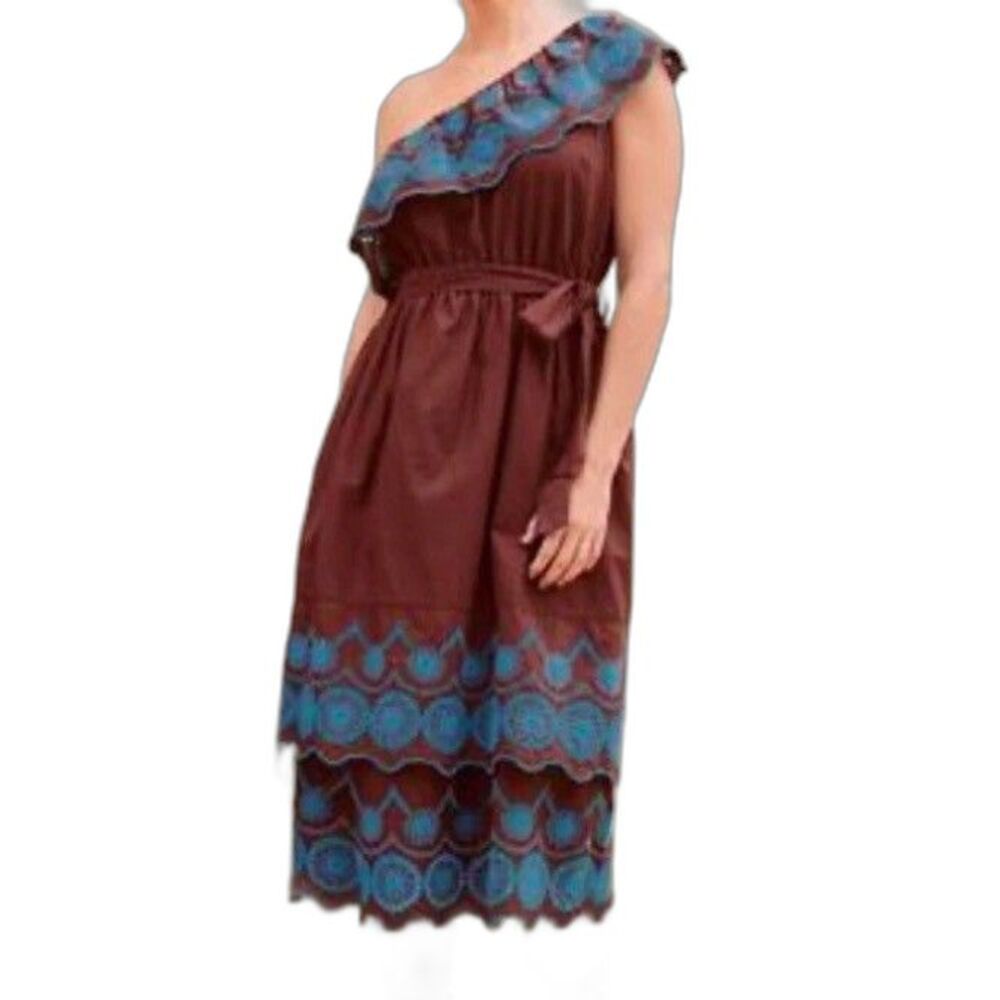 Next Chocolate Brown Tiered One Shoulder Midi Dress w/ Blue Embroidery Ruffle 12